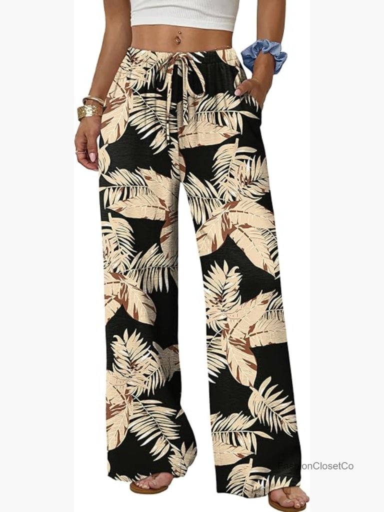 Wide Leg Pants Flowy Palazzo Drawstring Elastic Waist With Pockets Summer Beach
